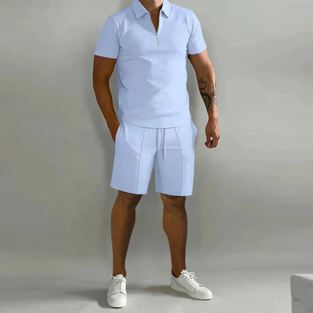 Luca Zip Polo Et Short Set Pour Homme En Tissu Coton Mélangé Respirant Avec Col Zip Confortable