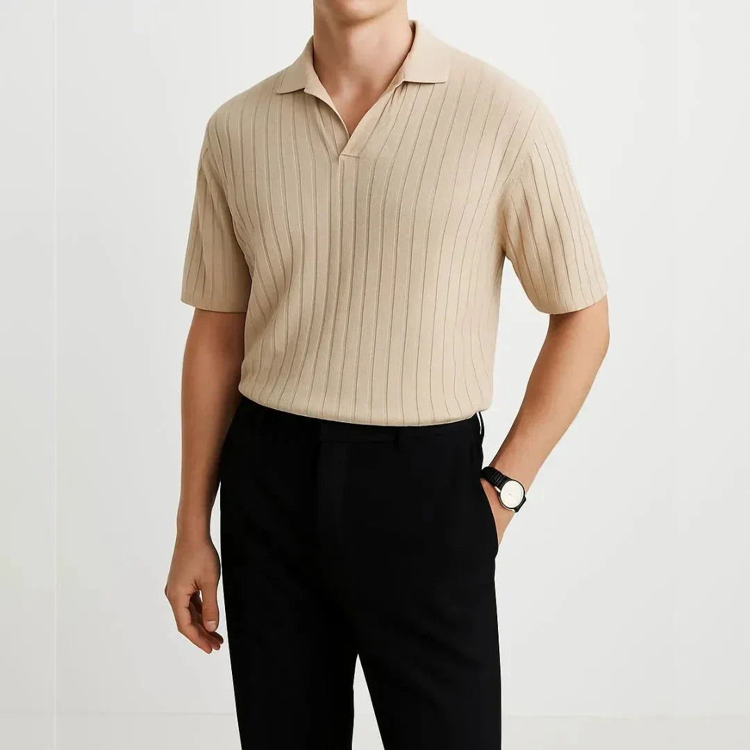 Polo En Maille Côtelée Pour Homme Signé Waylynn Mélange Polyester Viscose Respirant Col Ouvert