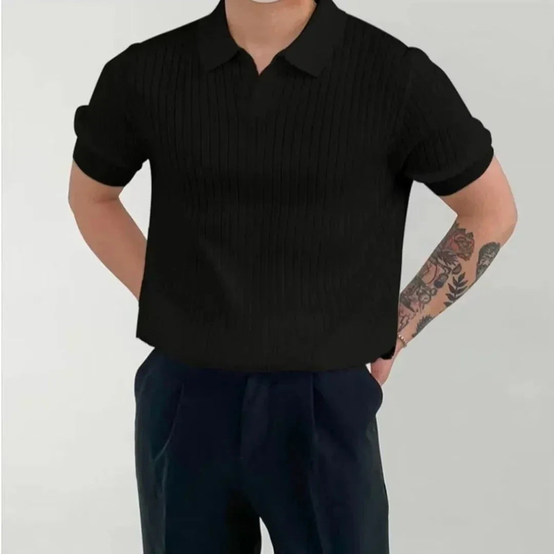 Polo En Maille Côtelée Pour Homme Signé Waylynn Mélange Polyester Viscose Respirant Col Ouvert