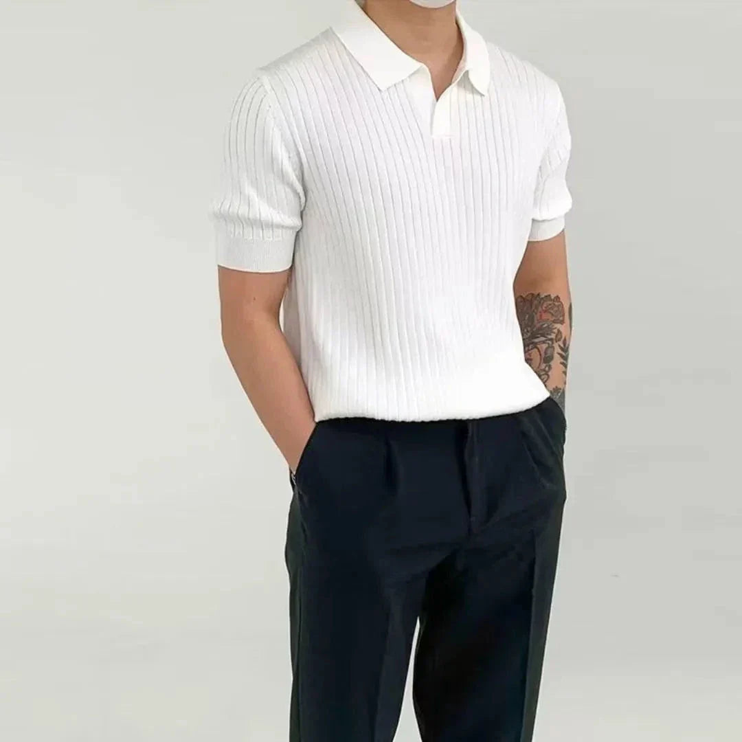 Polo En Maille Côtelée Pour Homme Signé Waylynn Mélange Polyester Viscose Respirant Col Ouvert