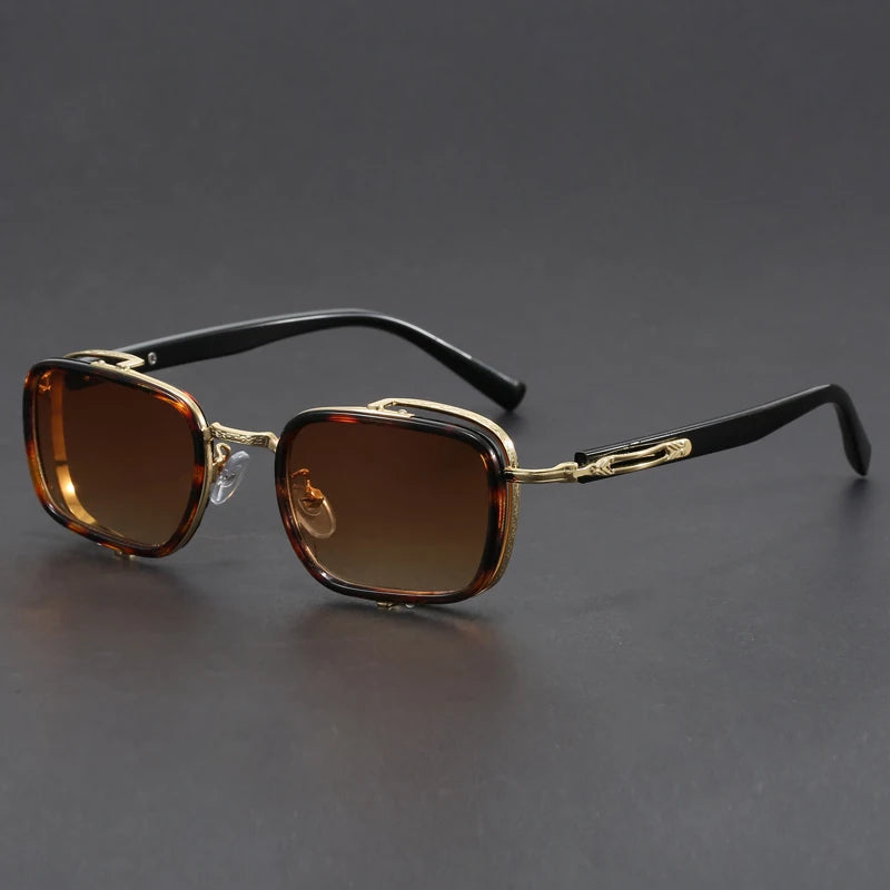 Lunettes De Soleil Lucien Rétro Vintage Monture Métal Avec Verres Carrés Teintés UV Et Bras Gravés Luxueux
