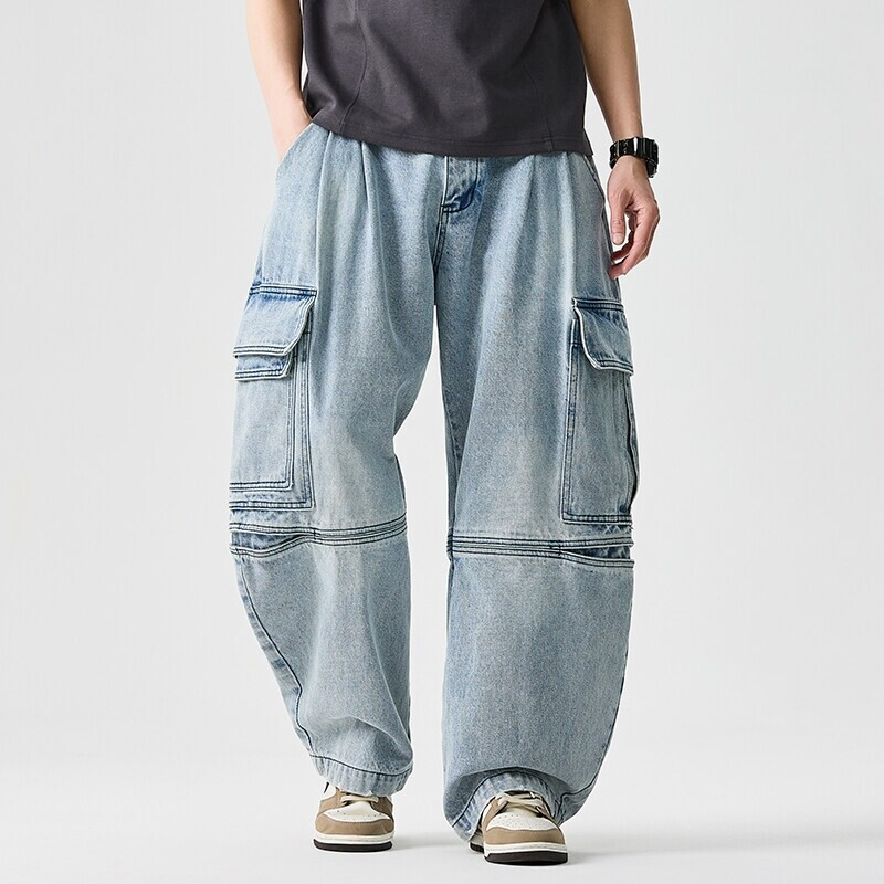 Pantalon En Denim À Jambes Larges Lucien Avec Poches Cargo Oversize Et Lavage Vintage