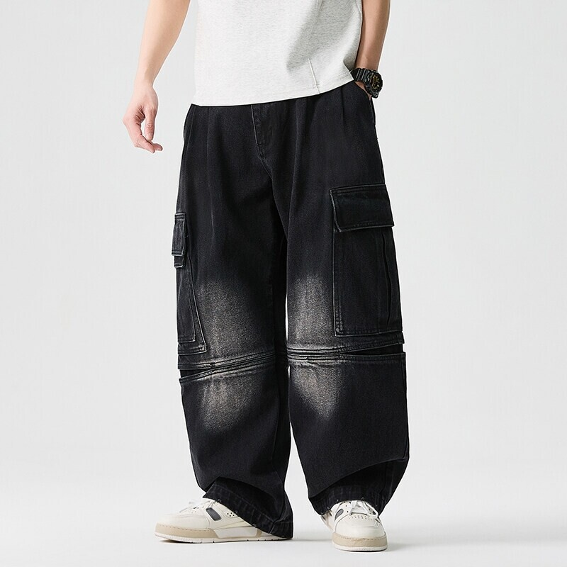 Pantalon En Denim À Jambes Larges Lucien Avec Poches Cargo Oversize Et Lavage Vintage