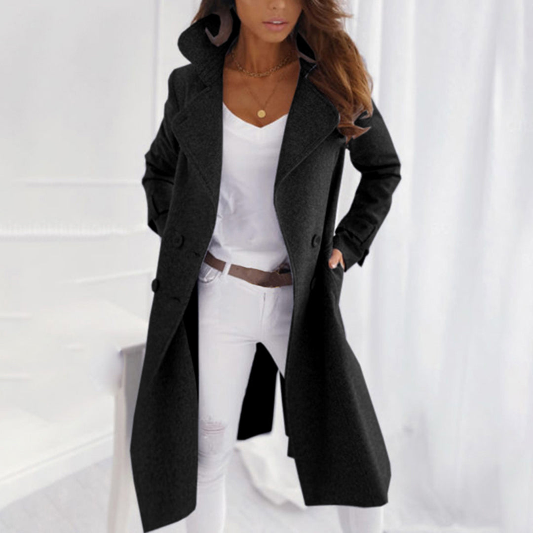 Manteau Femme En Laine Mélangée Longue Coupe Tailorée Double Boutonnage Col Large