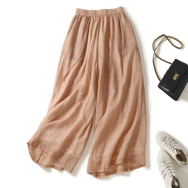 Pantalon Lin Luna Léger et Fluide à Taille Elastique avec Cordon Ajustable et Coupe Large