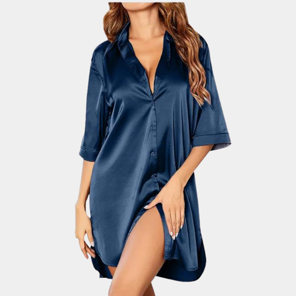 Chemise De Nuit Femme En Satin Coupe Ample Manches Trois Quarts Fermeture Par Boutons Nordic Flair