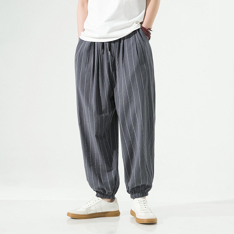 Joggers Harem M Watanabe Inspiré Du Japon Avec Rayures Verticales Et Mélange Coton Lin Doux