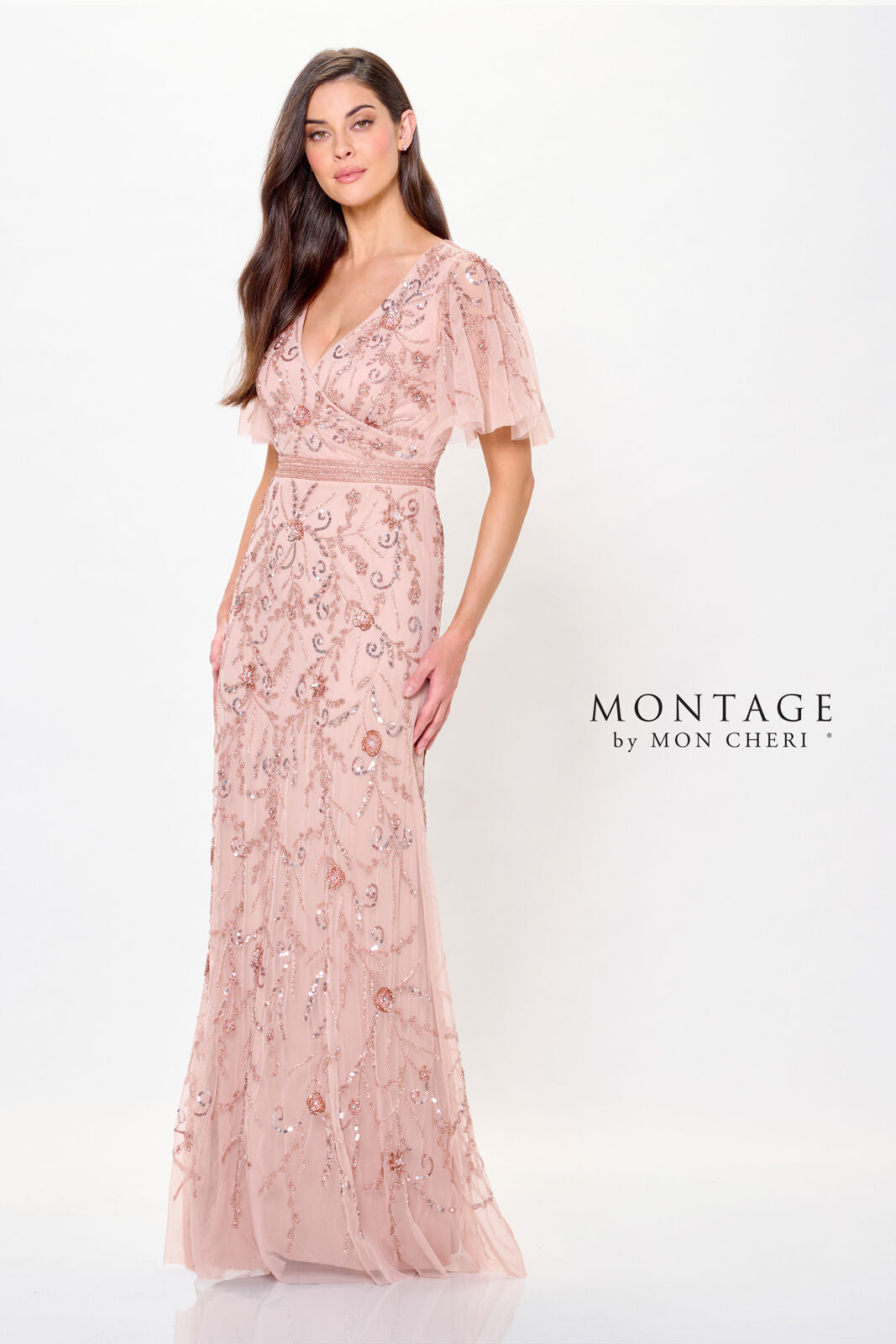 Robe Longue Formelle A Ligne Ornée De Paillettes En Tulle Pour Mère De La Mariée Montage MTM912 Bleu Marine Et Or Rose