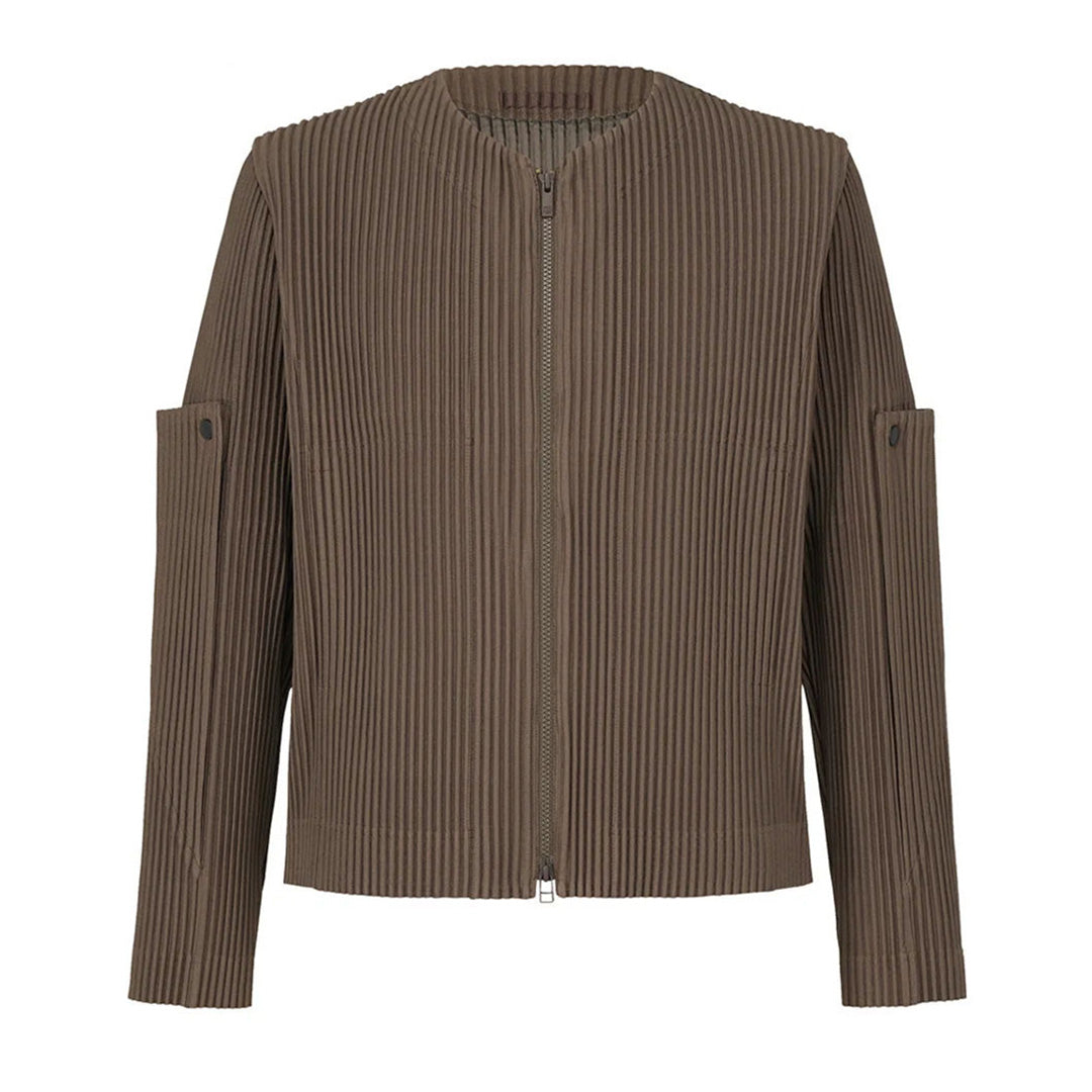Veste Plissée Zippée Moderne en Mélange Polyester Nylon Col Rond Coupe Large et Manches Boutonnées