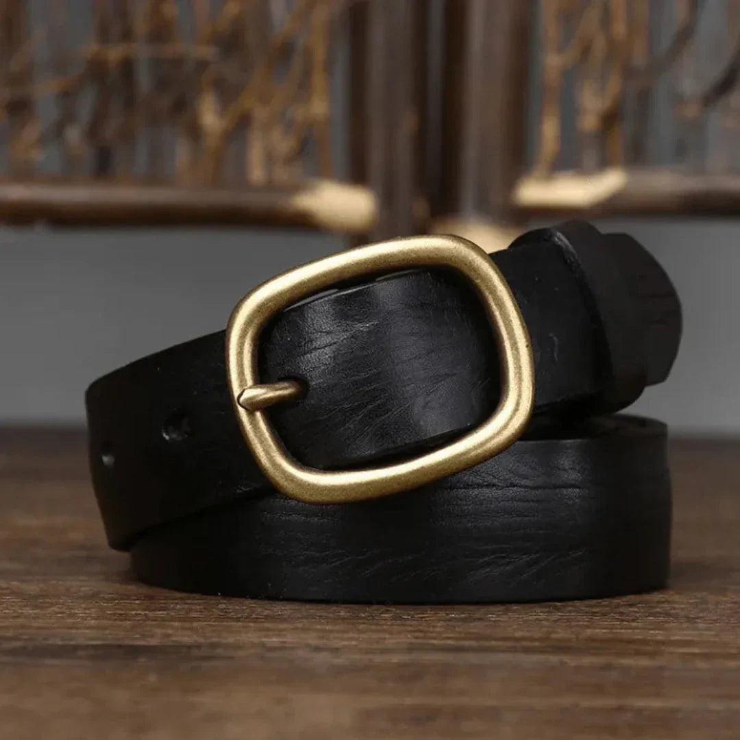 Maddie Ceinture Fine en Cuir Véritable Avec Boucle Bronze Vintage et Texture Douce