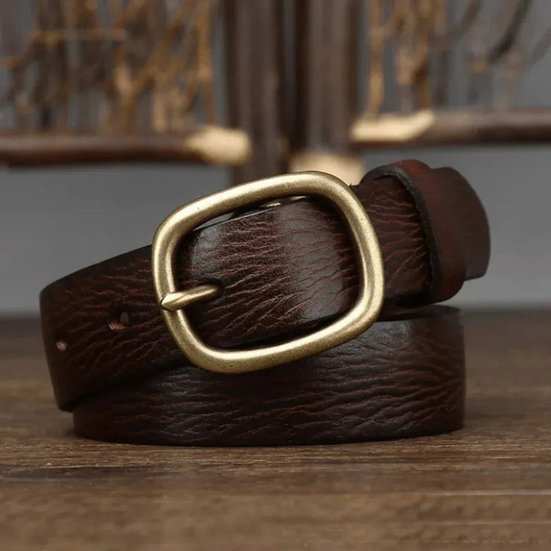 Maddie Ceinture Fine en Cuir Véritable Avec Boucle Bronze Vintage et Texture Douce