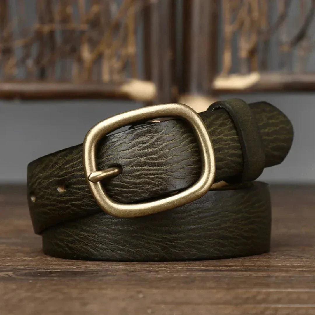 Maddie Ceinture Fine en Cuir Véritable Avec Boucle Bronze Vintage et Texture Douce