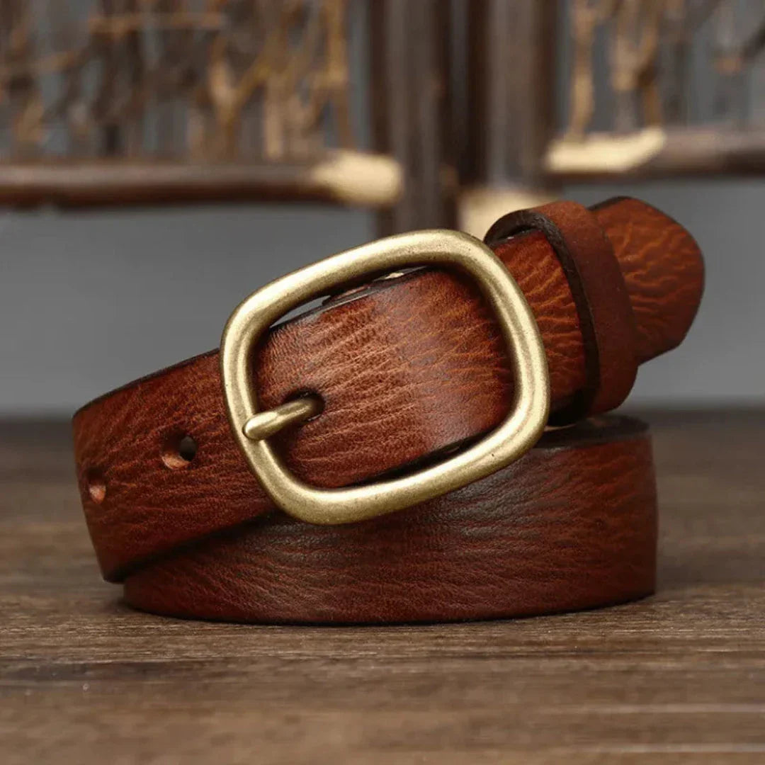 Maddie Ceinture Fine en Cuir Véritable Avec Boucle Bronze Vintage et Texture Douce