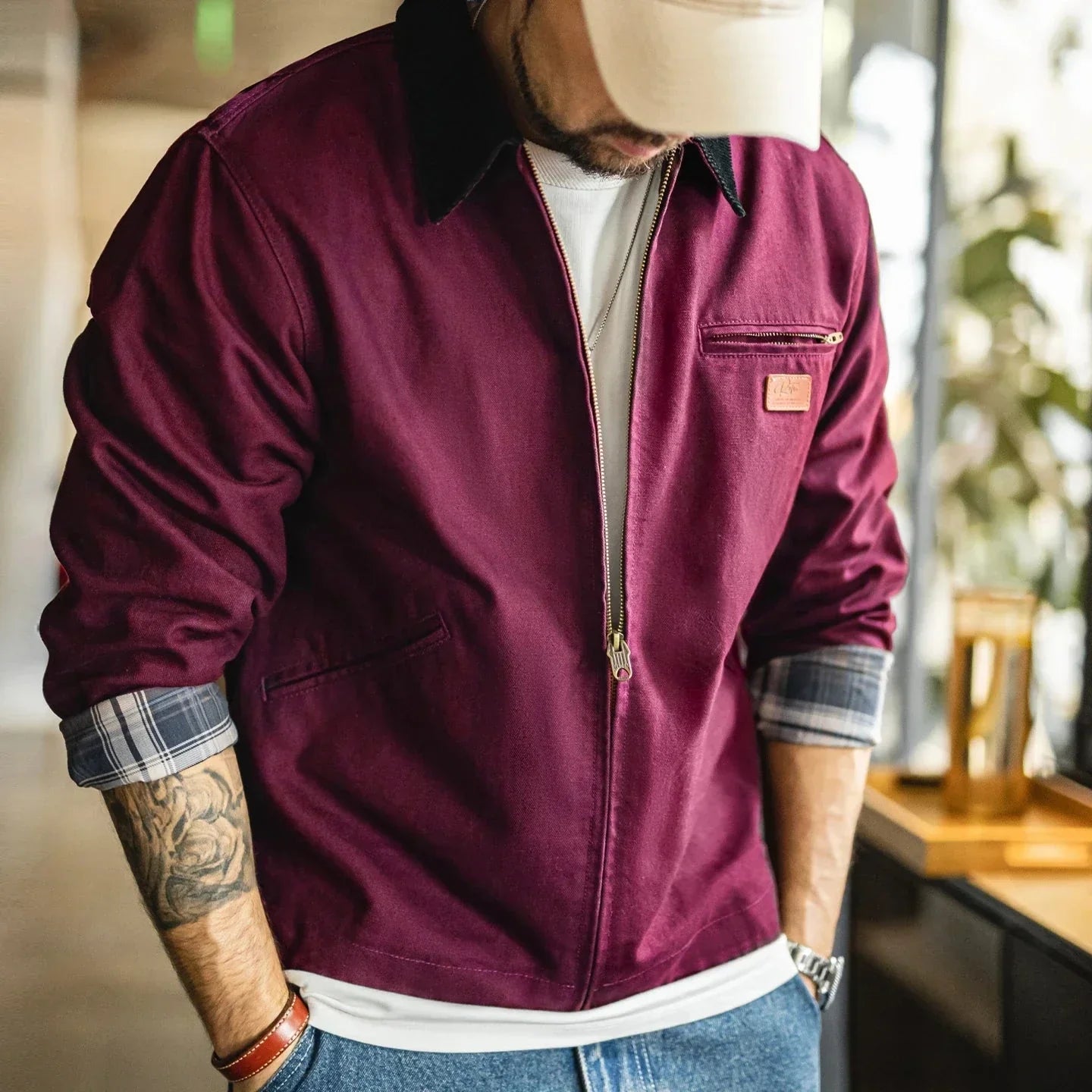 Veste en Coton Canvas Classique Detroit avec Col Velours Côtelé et Doublure Intérieure Douce