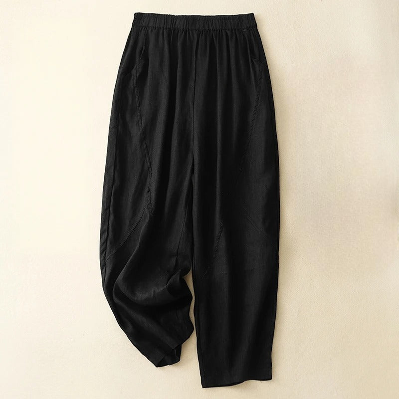 Pantalon En Lin Madina Couture En Panneaux Coupe Décontractée Avec Taille Élastique Pour Tous Les Jours
