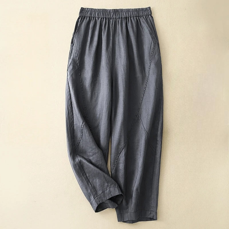 Pantalon En Lin Madina Couture En Panneaux Coupe Décontractée Avec Taille Élastique Pour Tous Les Jours