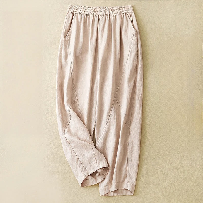 Pantalon En Lin Madina Couture En Panneaux Coupe Décontractée Avec Taille Élastique Pour Tous Les Jours