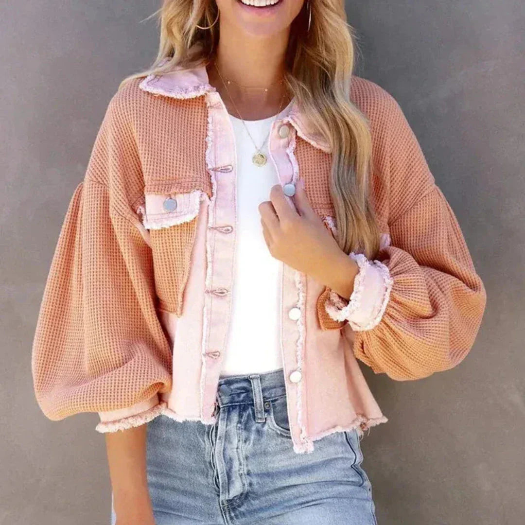 Madison Veste En Jean Patchwork Avec Maille Gaufrée Et Ourlet Brut Manches Ballon Pour Look Streetwear