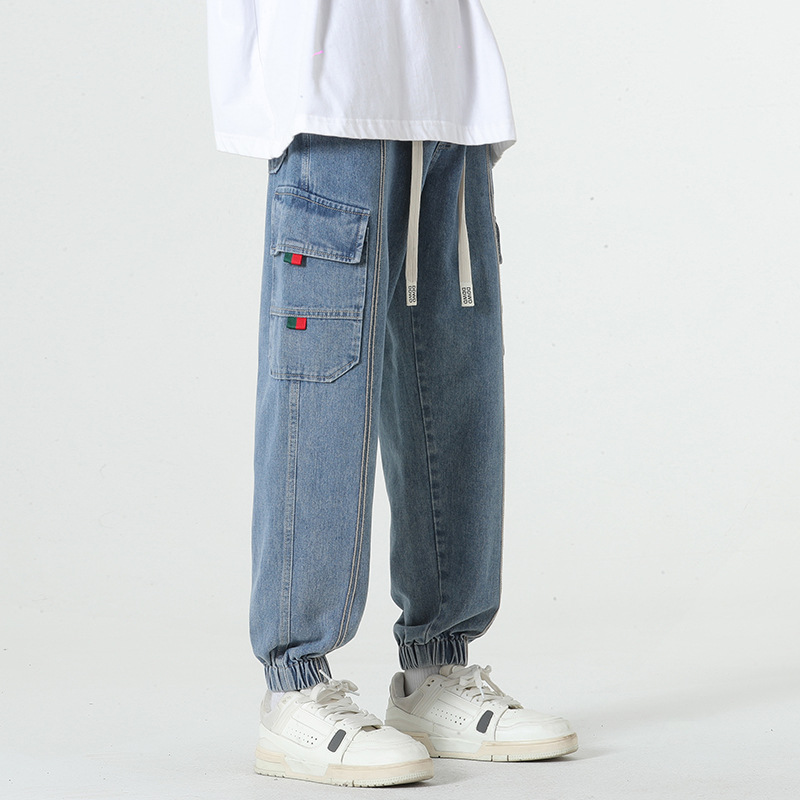 Malcolm Ryder Denim Joggers Avec Poches Cargo Et Taille À Cordon Réglable Coupe Fuselée