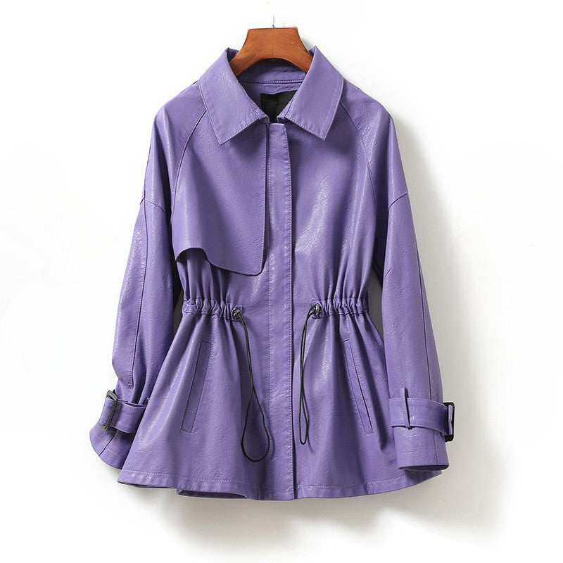 Veste Motarde en Cuir d'Agneau Brillant, Taille Cintrée et Poches, Poignets Ceinturés