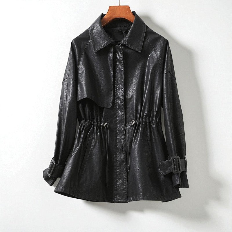 Veste Motarde en Cuir d'Agneau Brillant, Taille Cintrée et Poches, Poignets Ceinturés