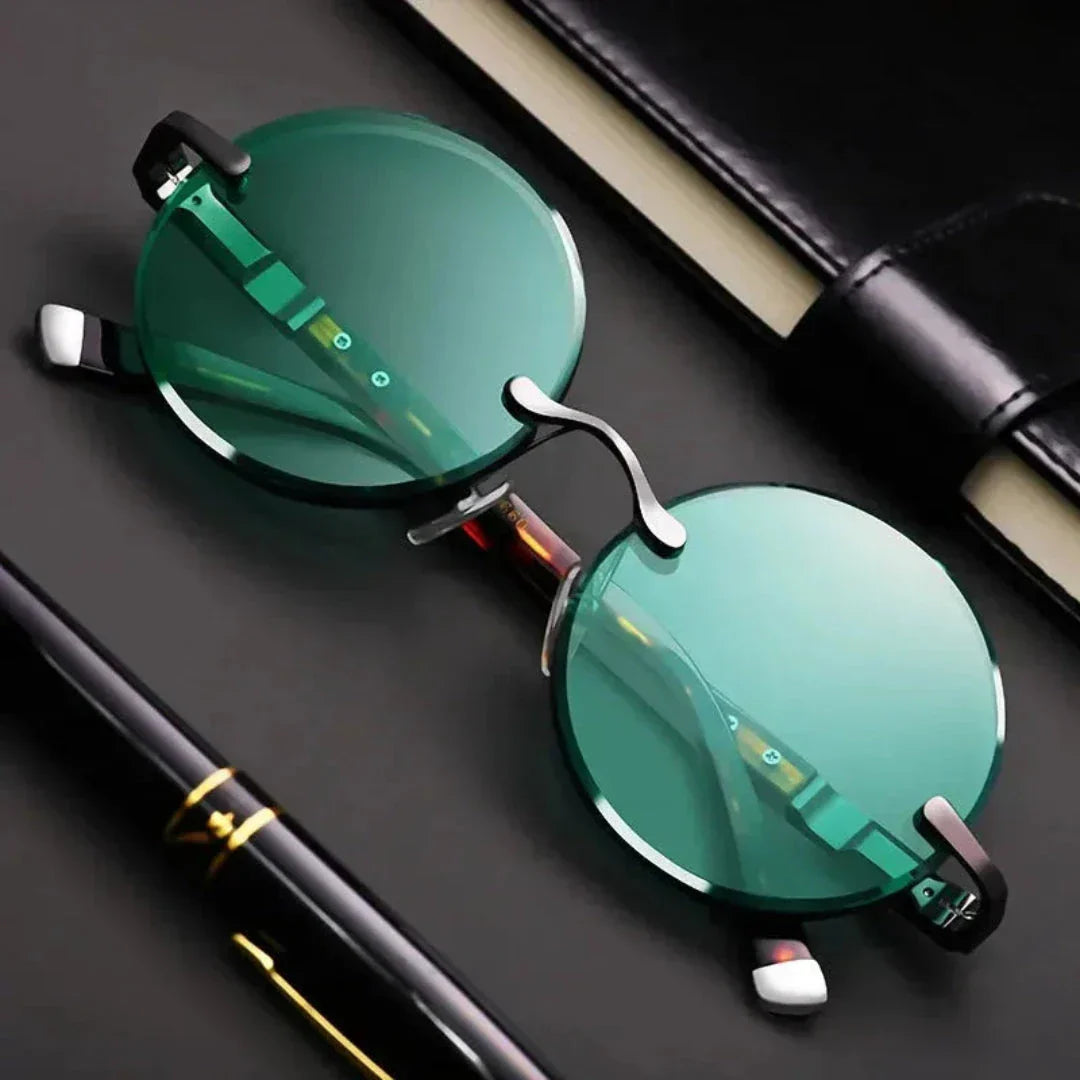 Lunettes De Soleil Mantis Rondes Sans Monture Verres Verts Circulaires Cadre Sans Vis