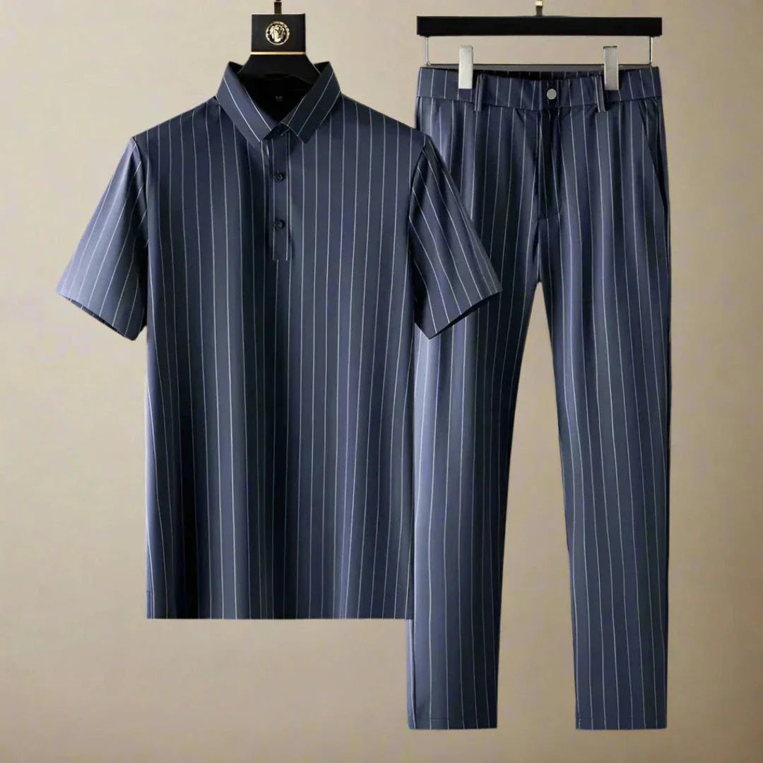 Ensemble Polo Marco À Rayures Verticales Et Pantalon Slim Fit Pour Hommes Décontracté Chic Quotidien
