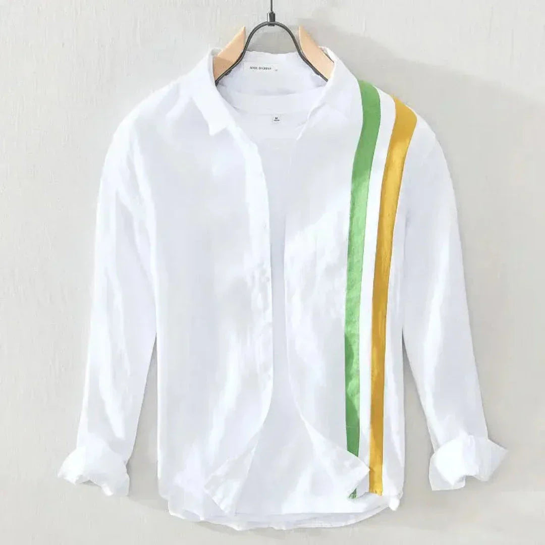 Chemise Marco En Lin À Manches Longues Avec Rayures Doubles Sur La Poitrine Droite Respirante Léger Pour Vacances