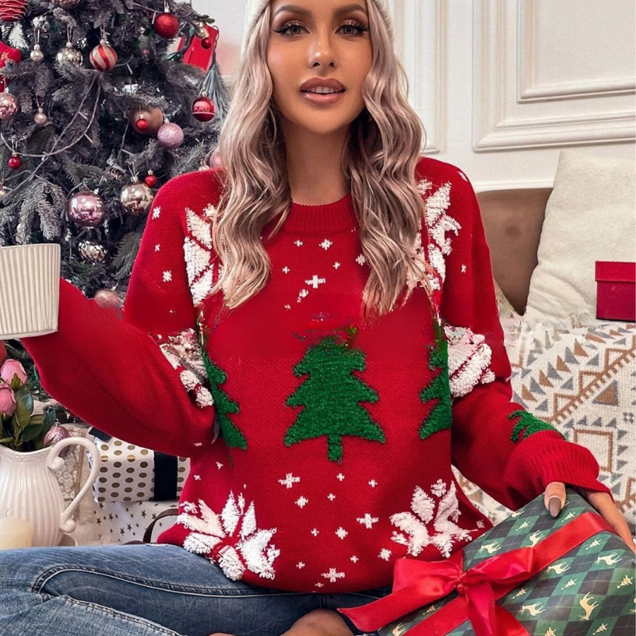 Femme Sweatshirt En Maille Coupe Ample Col Rond Manches Longues Motif Arbre Flocons De Neige