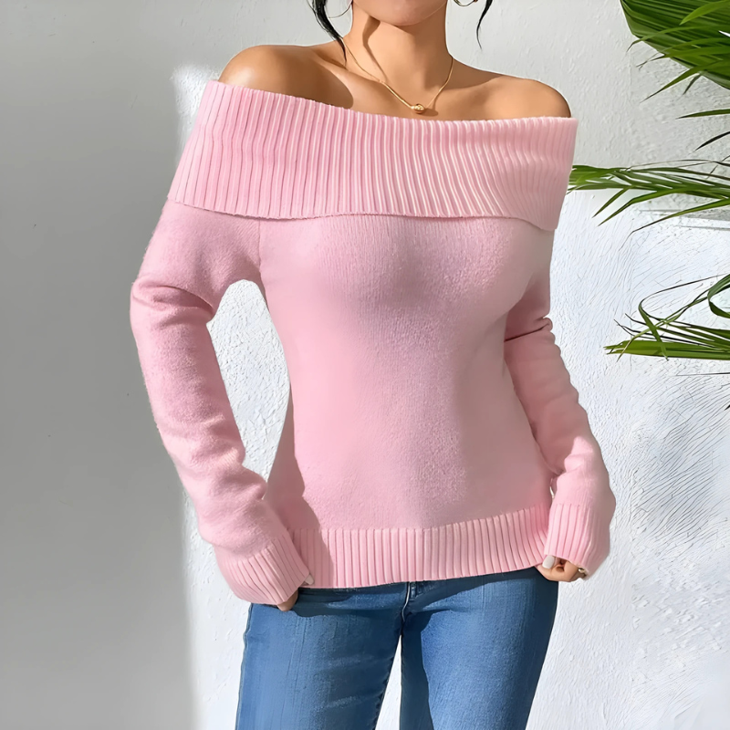 Nordisk Flair Sweatshirt Femme À Épaules Dévoilées Coupe Slim Encolure Côtelée Tricot Doux