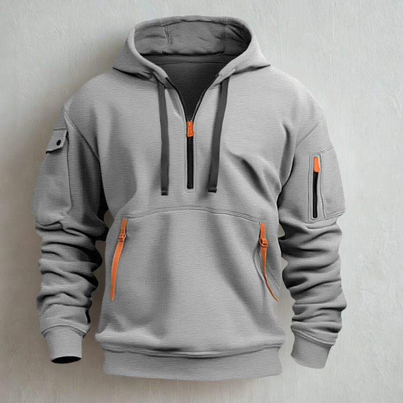 Sweat À Capuche Homme En Tricot Zip Demi Zip Avec Poches Multiples Et Poches Zippées Néon