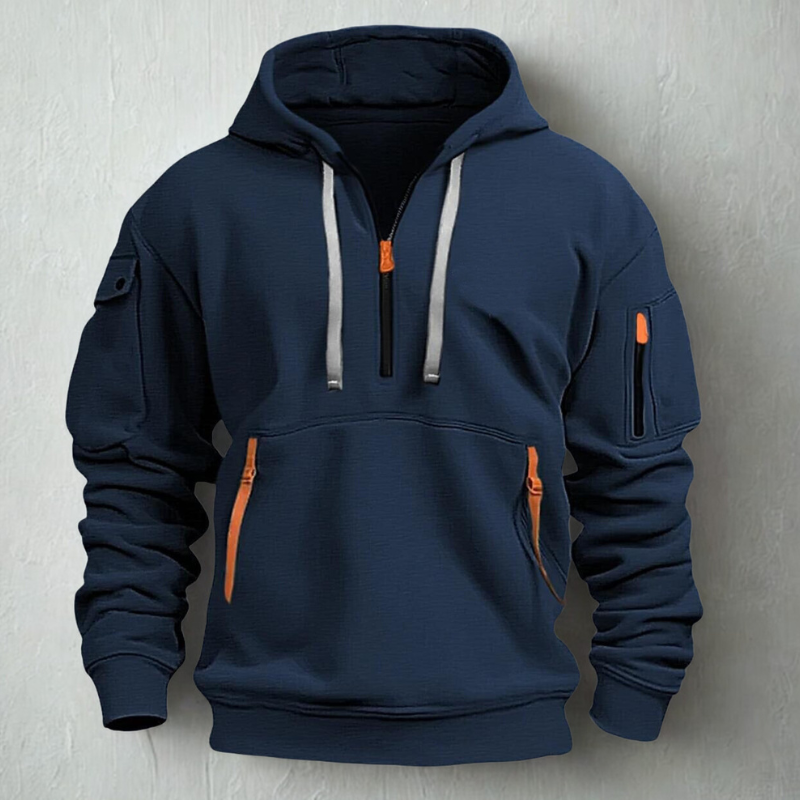 Sweat À Capuche Homme En Tricot Zip Demi Zip Avec Poches Multiples Et Poches Zippées Néon