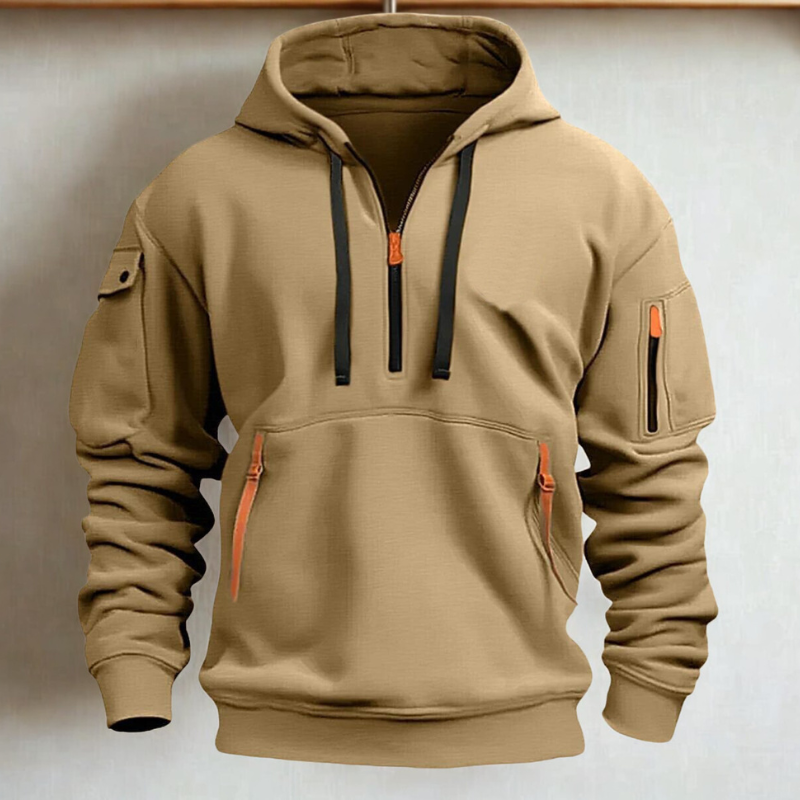 Sweat À Capuche Homme En Tricot Zip Demi Zip Avec Poches Multiples Et Poches Zippées Néon