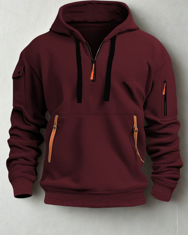 Sweat À Capuche Homme En Tricot Zip Demi Zip Avec Poches Multiples Et Poches Zippées Néon