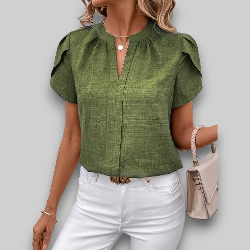 Blouse Maris À Manches Pétales Avec Plis Du Décolleté Et Tissu Léger Pour Un Style Sophistiqué Décontracté
