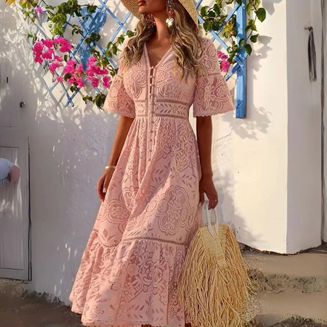 Robe Midi En Dentelle Col V Maris Silhouette Légère Pour Été Réceptions Au Jardin Et Soirées Estivales