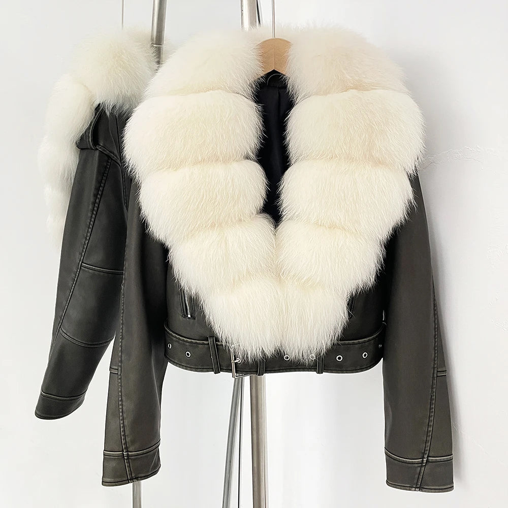 Marveil Veste Aviateur Avec Col En Fourrure Véritable Bouffant Et Cuir Synthétique Lisse Avec Ceinture