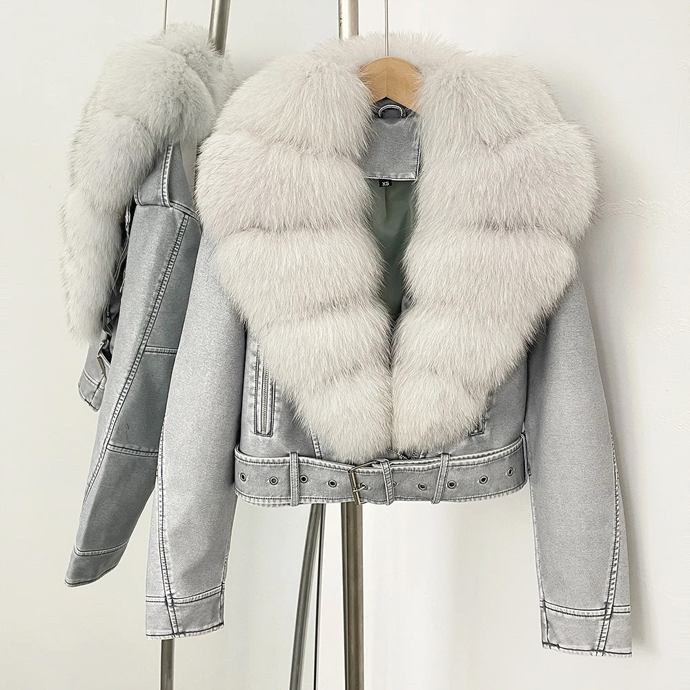 Marveil Veste Aviateur Avec Col En Fourrure Véritable Bouffant Et Cuir Synthétique Lisse Avec Ceinture