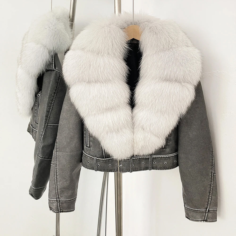 Marveil Veste Aviateur Avec Col En Fourrure Véritable Bouffant Et Cuir Synthétique Lisse Avec Ceinture