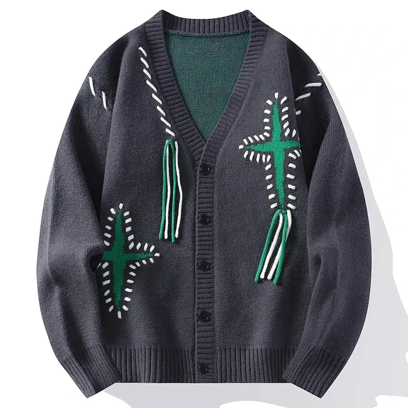 Cardigan Boutonné Col En V Inspiré Design Japonais Avec Points Couture Audacieux Et Fils Pendants Pour Style Décontracté
