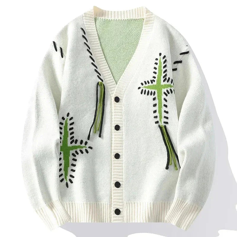 Cardigan Boutonné Col En V Inspiré Design Japonais Avec Points Couture Audacieux Et Fils Pendants Pour Style Décontracté