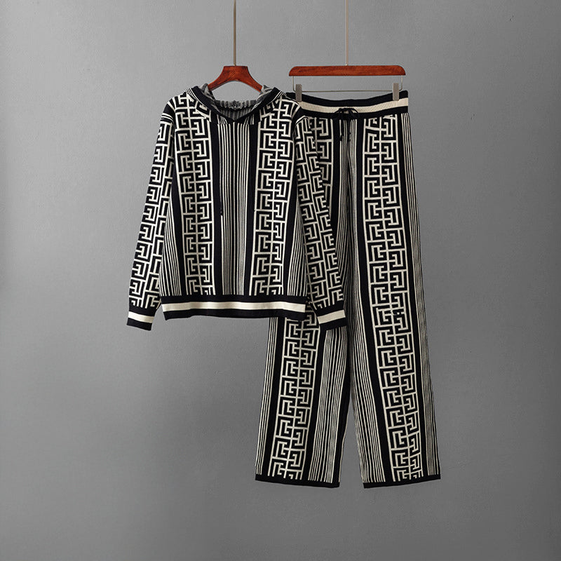 Ensemble Maille Maze Luxe Deux Pièces Avec Sweat À Capuche Et Pantalon Large Motif Labyrinthe Géométrique
