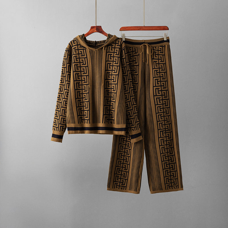 Ensemble Maille Maze Luxe Deux Pièces Avec Sweat À Capuche Et Pantalon Large Motif Labyrinthe Géométrique