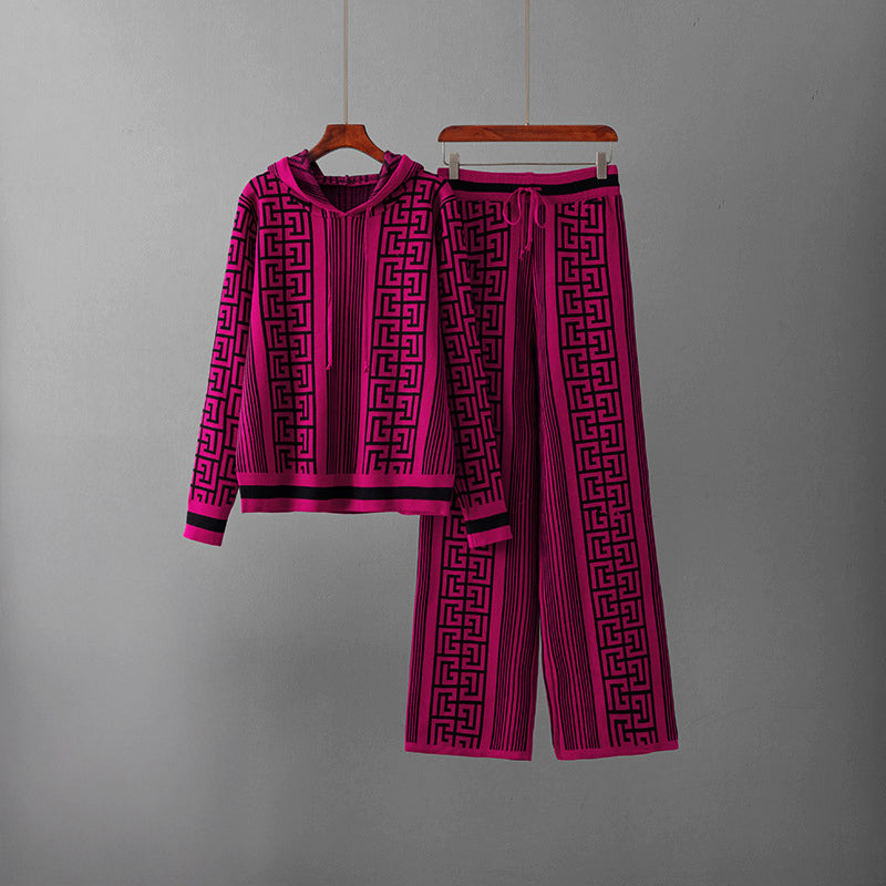 Ensemble Maille Maze Luxe Deux Pièces Avec Sweat À Capuche Et Pantalon Large Motif Labyrinthe Géométrique