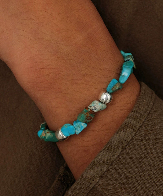 Bracelet chaîne en perles turquoise argentées et bleues pour homme - Amawinc