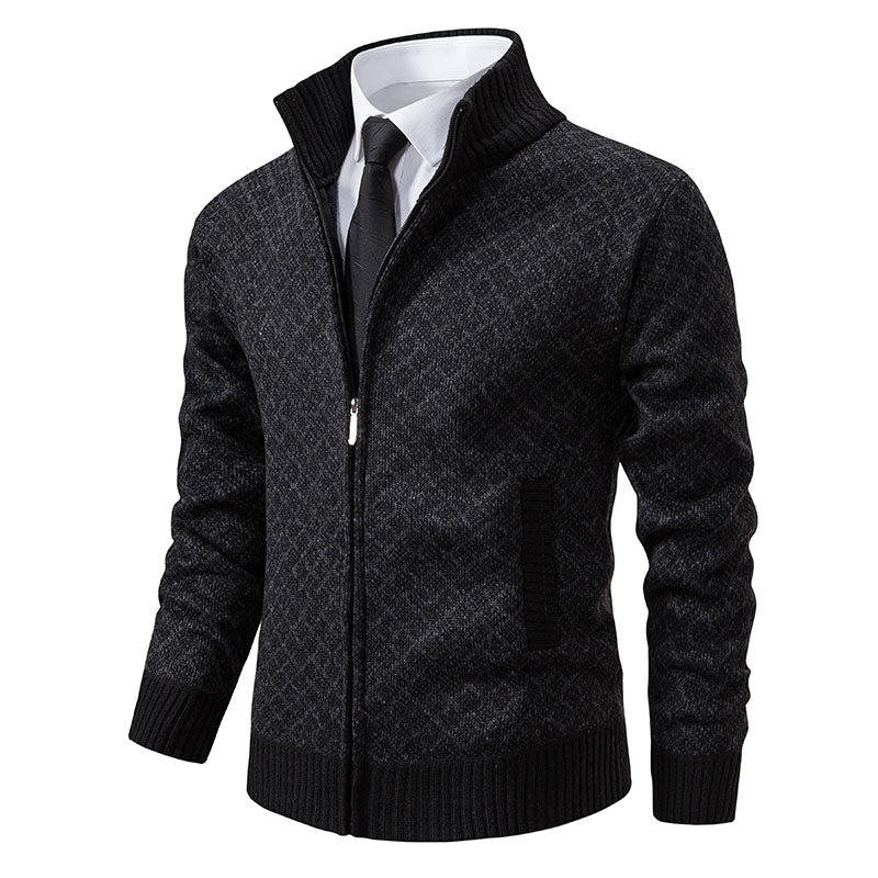 Cardigan Homme Zippé Col Haut Motif Tricot Côtelé Avec Poches Frontales Pour Homme Moderne