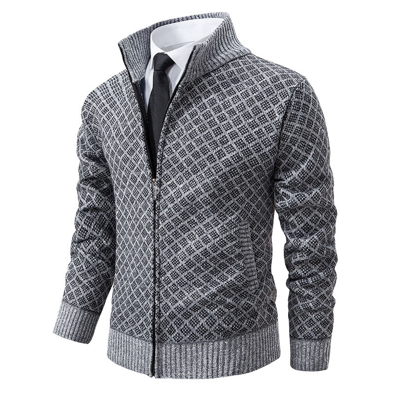 Cardigan Homme Zippé Col Haut Motif Tricot Côtelé Avec Poches Frontales Pour Homme Moderne