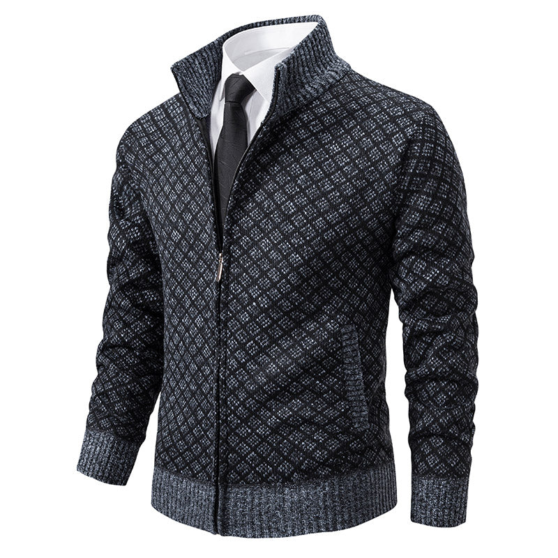 Cardigan Homme Zippé Col Haut Motif Tricot Côtelé Avec Poches Frontales Pour Homme Moderne