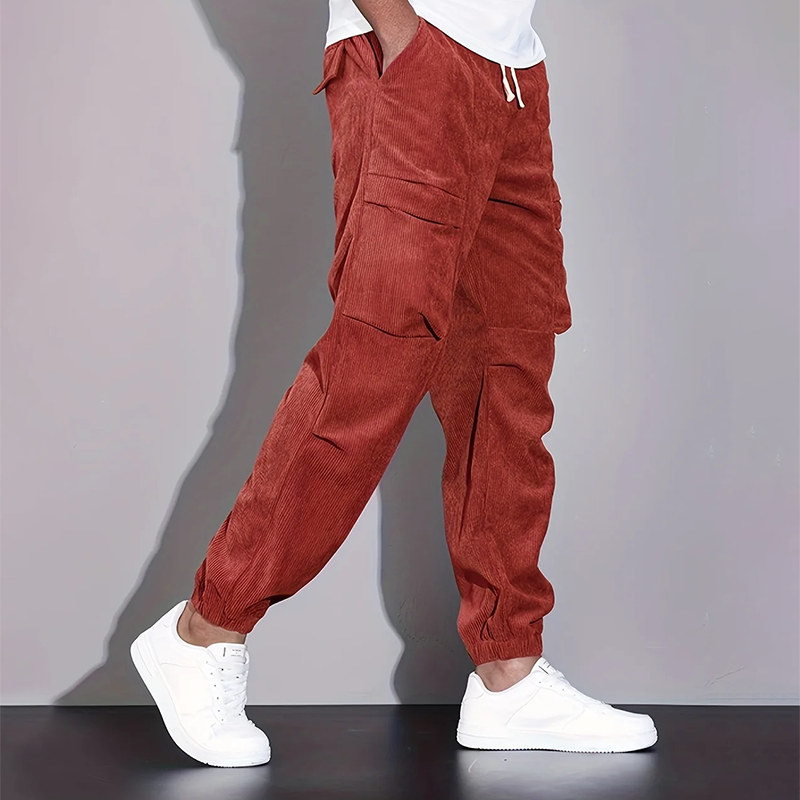 Pantalon Cargo Velours Côtelé Pour Homme Avec Taille À Cordon Et Multiples Poches Pour Streetwear Décontracté