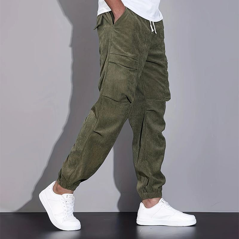 Pantalon Cargo Velours Côtelé Pour Homme Avec Taille À Cordon Et Multiples Poches Pour Streetwear Décontracté